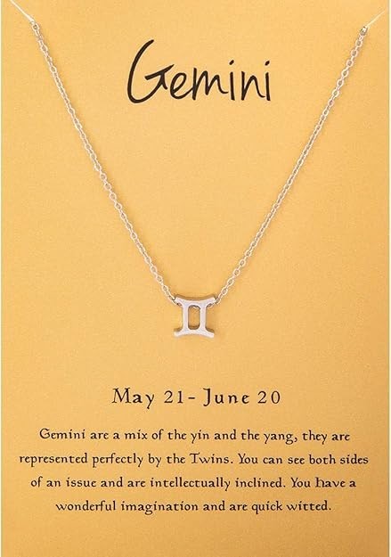 Cyberny Gemini zodiac charm pendant on 18K white gold plated rolo chain displayed against white background
