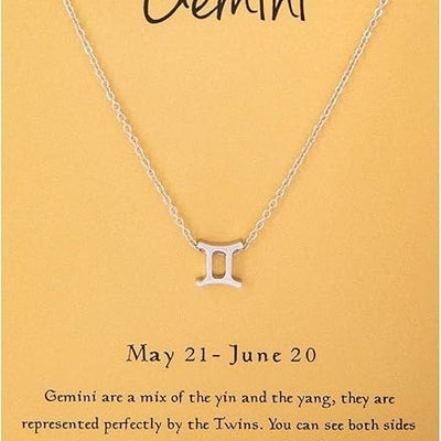 Cyberny Gemini zodiac charm pendant on 18K white gold plated rolo chain displayed against white background