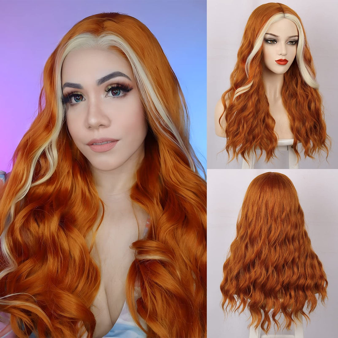 24 inch long orange wavy synthetic wig with mixed blonde highlights displayed on a wig stand
