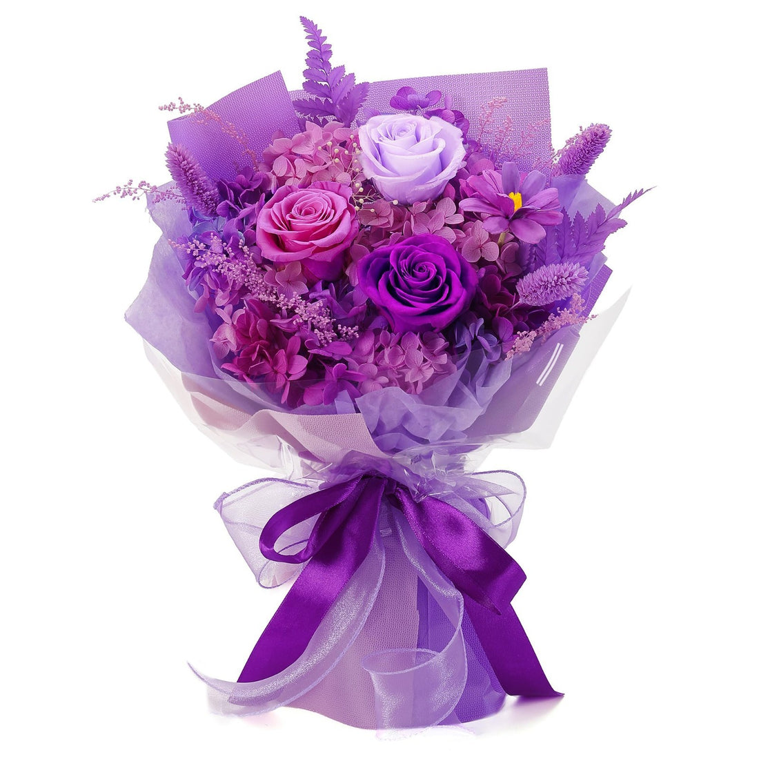 Purple preserved rose bouquet arranged in a matching purple Art Deco vase, 8.5x13.5 inches, on a tabletop display