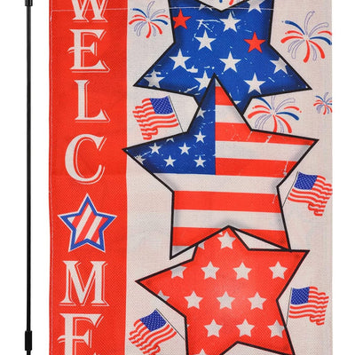 Double-sided 12x18 inch burlap garden flag with red white and blue patriotic stars and stripes for 4th of July yard decor