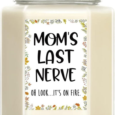 White glass jar candle labeled Mom's Last Nerve with humorous quote, lavender scented 8oz soy wax candle for moms