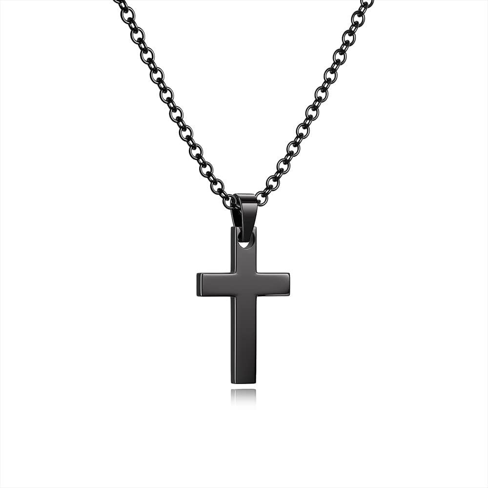 Black stainless steel cross pendant necklace with lobster clasp on 18-inch cable chain, shown in gift jewelry box