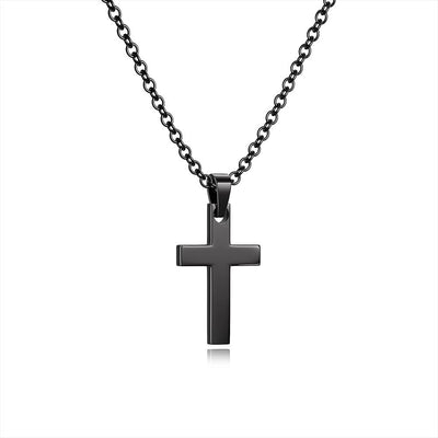 Black stainless steel cross pendant necklace with lobster clasp on 18-inch cable chain, shown in gift jewelry box