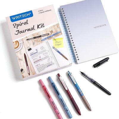 WRITECH 5-piece journaling kit with dotted spiral notebook, burgundy and foggy blue highlighters, and three gel pens on white background