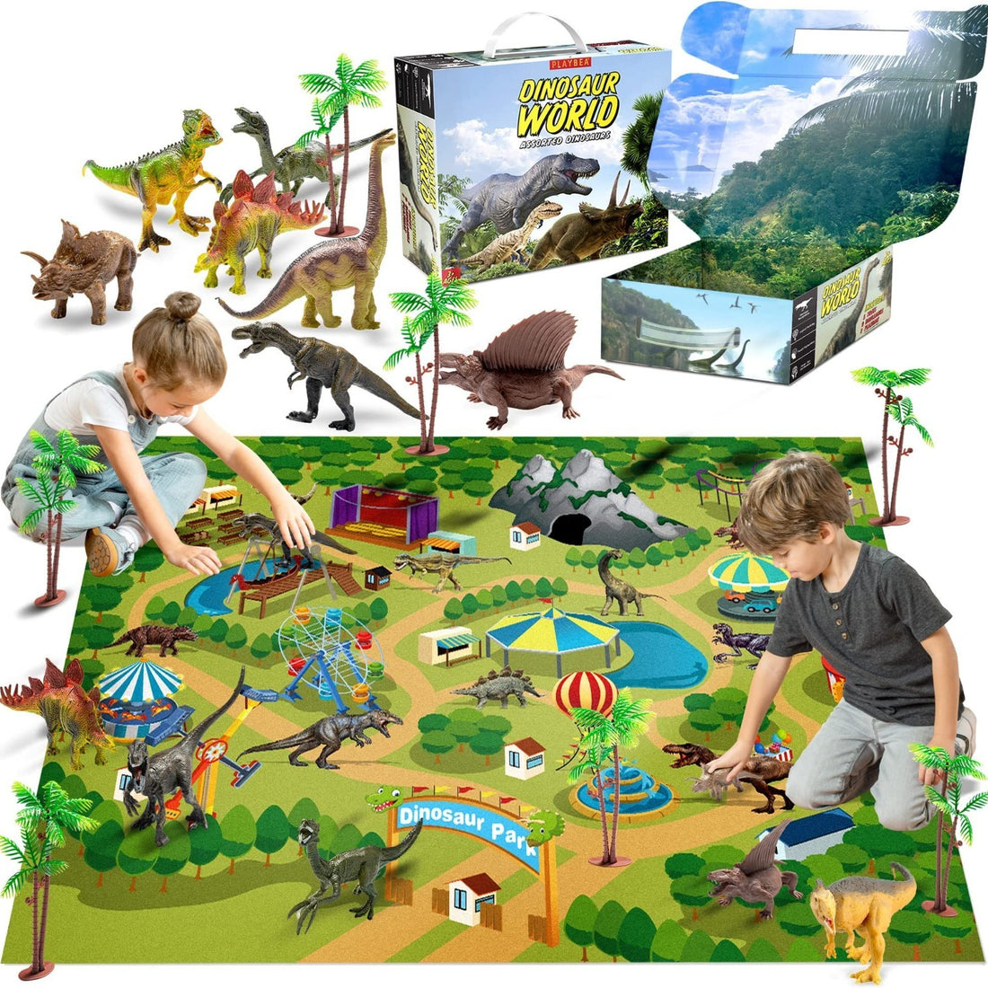 PLAYVIBE dinosaur toy set with 9 painted dino figures, 5 trees, large activity playmat, and storage box for kids