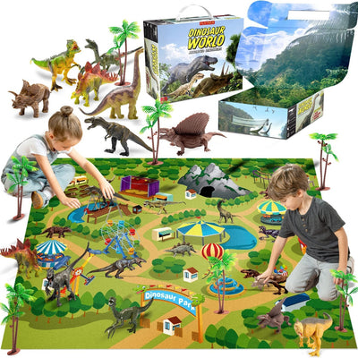 PLAYVIBE dinosaur toy set with 9 painted dino figures, 5 trees, large activity playmat, and storage box for kids