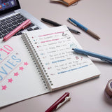 WRITECH 5-piece journaling kit with dotted spiral notebook, burgundy and foggy blue highlighters, and three gel pens on white background - view 4