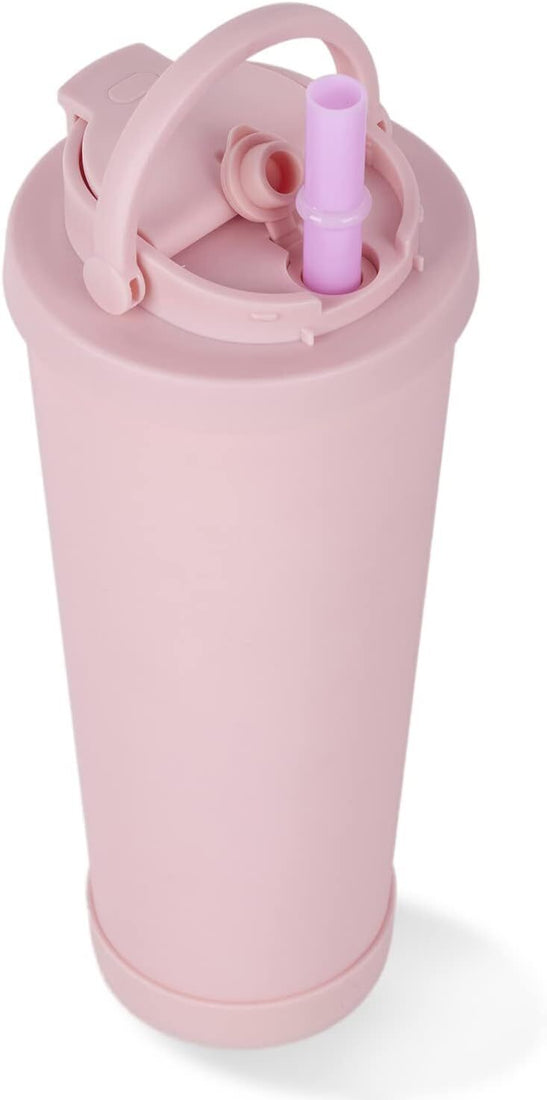 Pink 29oz KRRFDP insulated tumbler with handle, straw, and leak-proof lid on white background