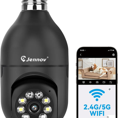Black E27 light bulb security camera with 2K HD lens and LED flood lights for indoor and outdoor surveillance