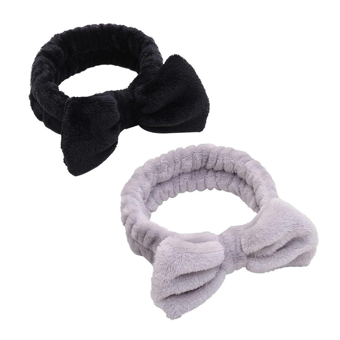 Two soft microfiber bow headbands in black and gray with removable bowknot accents, spa makeup headbands for women