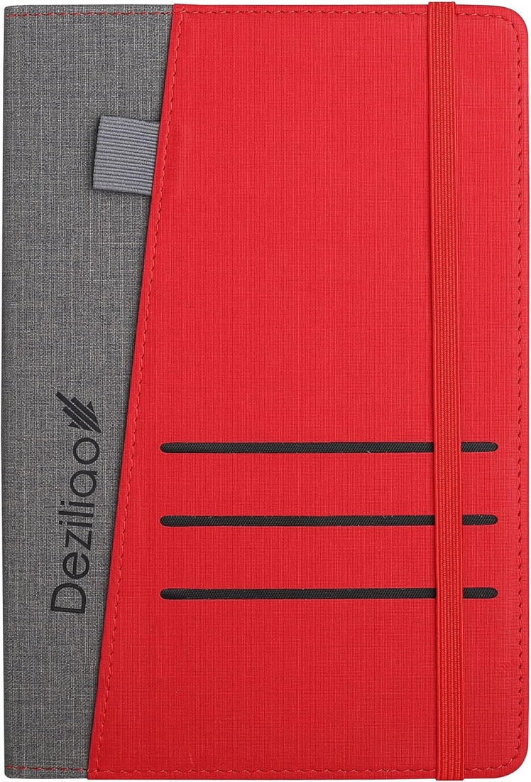 Deziliao red and gray faux leather hardcover A5 lined journal notebook with pen loop, 160 ruled pages
