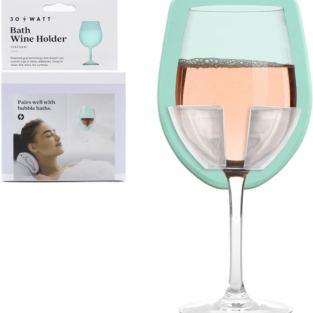 Seafoam silicone wine glass holder mounted on glossy shower tile using patented grip technology, no suction cups