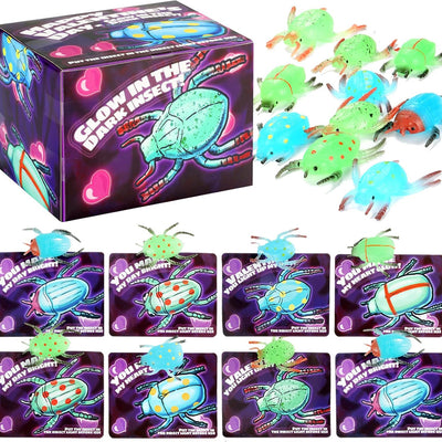 24 glow-in-the-dark rubber bug toys with Valentine's Day cards arranged on a surface, fluorescent green bugs by Axbotoy