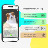 WhoseID silicone QR code NFC pet ID tag in multiple colors shown on a dog collar, waterproof smart tag - view 5
