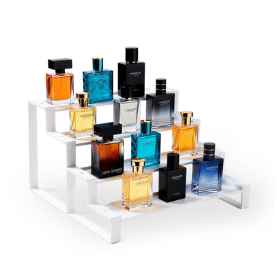 GOENDR white powder-coated 4-tier metal step riser shelf rack for cologne and perfume bottles on vanity countertop