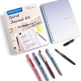 WRITECH 5-piece journaling kit with dotted spiral notebook, burgundy and foggy blue highlighters, and three gel pens on white background