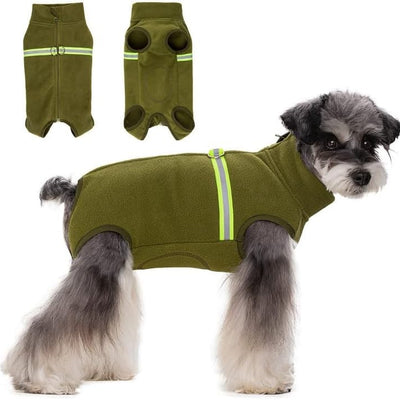 Green polar fleece dog bodysuit on small puppy showing reflective strip and full-back zipper, XS winter coat