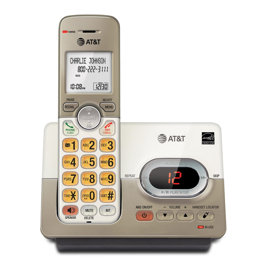 AT&T EL52113 cordless phone with extra-large backlit keys and base station in light champagne color