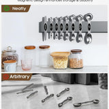 Set of 8 silver stainless steel magnetic measuring spoons with dual-sided design and leveler on white background - view 4