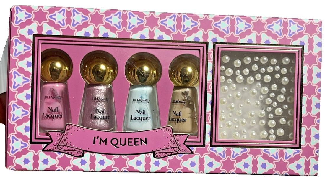ULTA Beauty I'm Queen Mini Nail Set with four lacquers in pink, violet, blue, tan and assorted white pearl nail gems