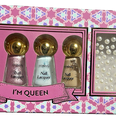 ULTA Beauty I'm Queen Mini Nail Set with four lacquers in pink, violet, blue, tan and assorted white pearl nail gems