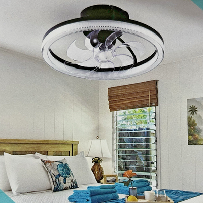 YoloOwl black bladeless flush mount ceiling fan 19.8 inch with LED light and Bluetooth speaker close-up view