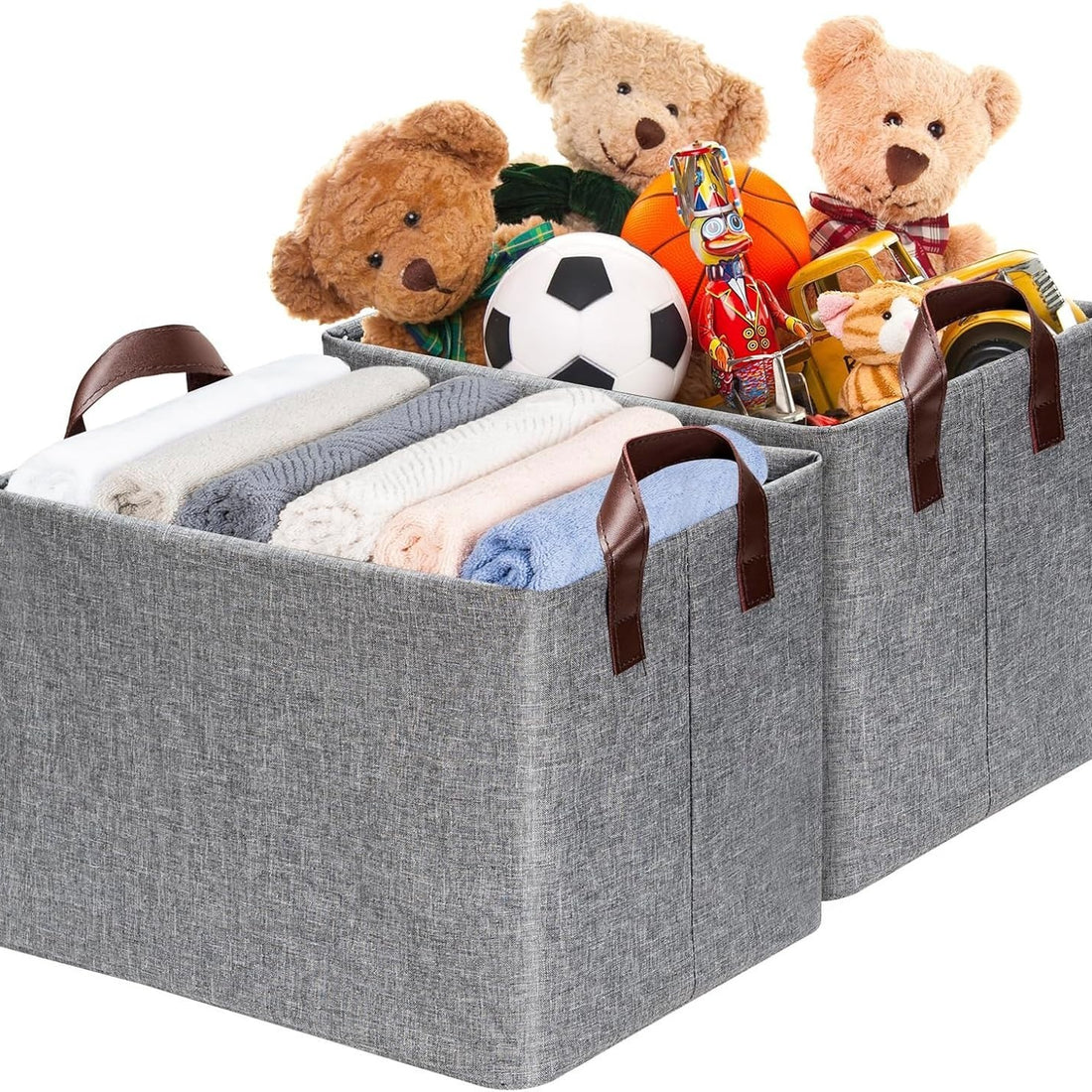 Two grey collapsible fabric storage bins with leather handles and steel frame standing upright on a closet shelf