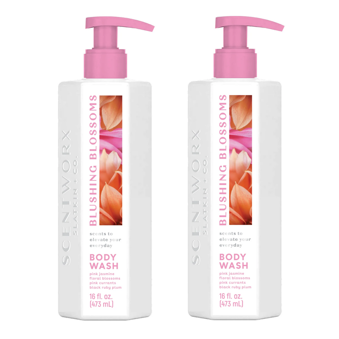 Two 16oz bottles of ScentWorx Blushing Blossoms floral body wash with pink jasmine and plum scent