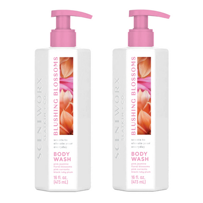 Two 16oz bottles of ScentWorx Blushing Blossoms floral body wash with pink jasmine and plum scent