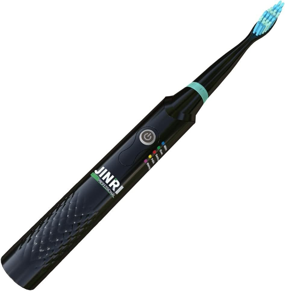 JINRI black sonic electric toothbrush with LED pressure sensor, 5 brushing modes, and 3 replacement brush heads included
