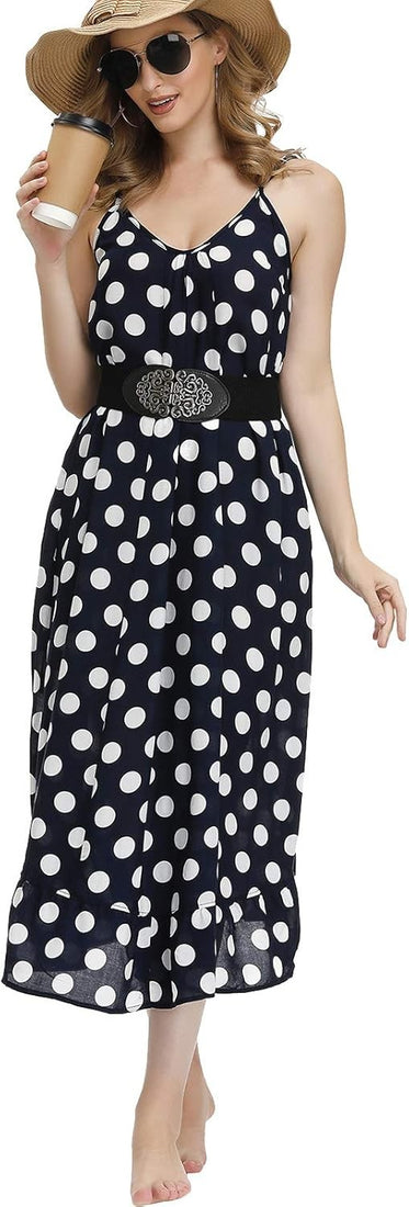 Women's navy polka dot floral maxi dress with V-neck, adjustable spaghetti straps, and side pockets in size M