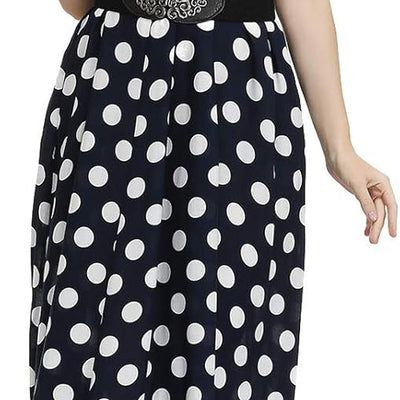 Women's navy polka dot floral maxi dress with V-neck, adjustable spaghetti straps, and side pockets in size M