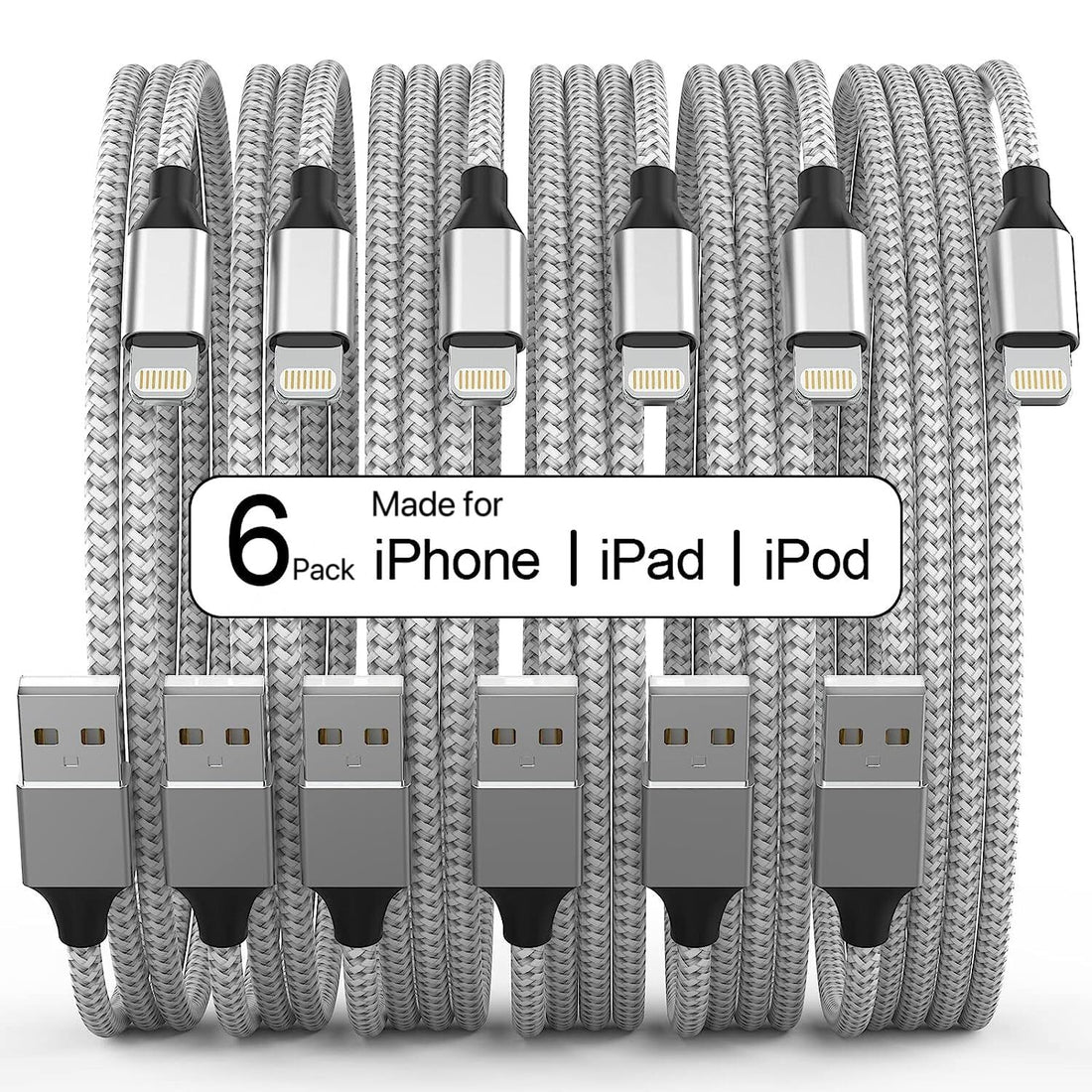 Six silver MFi certified USB Lightning cables in various lengths from 3 to 10 feet for iPhone charging