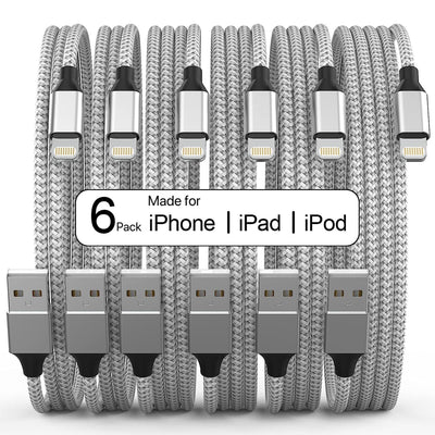 Six silver MFi certified USB Lightning cables in various lengths from 3 to 10 feet for iPhone charging