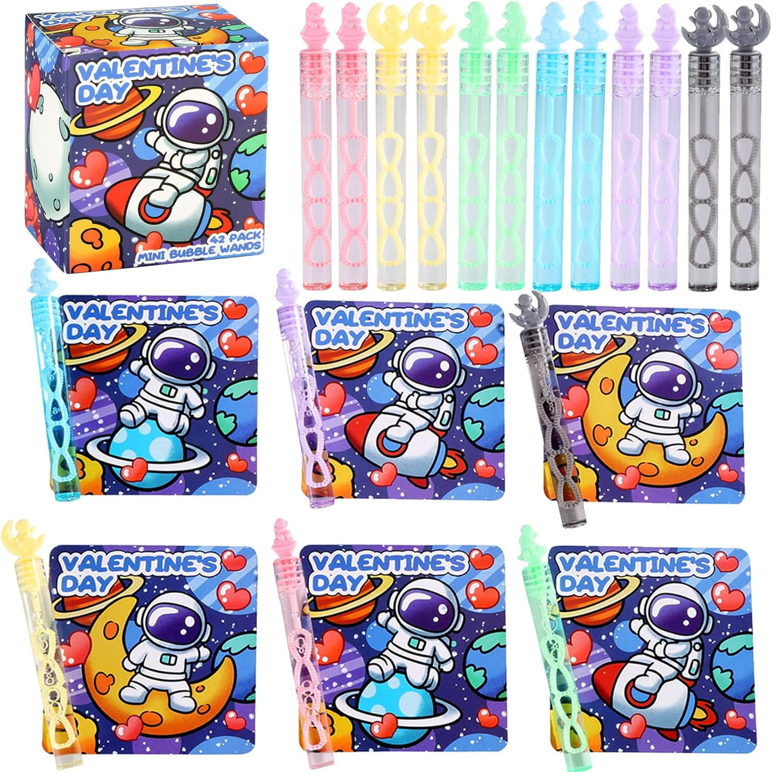42-pack Nasidear astronaut space Valentine's Day cards paired with colorful mini bubble wands in 6 unique designs