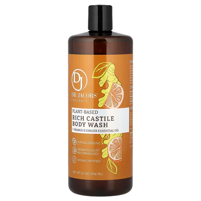 Dr Jacobs Naturals 32oz Orange Ginger Castile Body Wash bottle, plant-based sulfate-free formula for sensitive skin