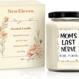 White glass jar candle labeled Mom's Last Nerve with humorous quote, lavender scented 8oz soy wax candle for moms - view 2