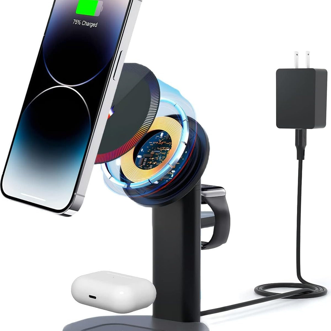 Black matte 3-in-1 wireless charging station with adjustable stand for iPhone, Apple Watch, and AirPods on desk