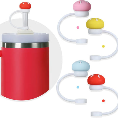 Four pink silicone mushroom-shaped straw toppers for 10mm reusable straws compatible with 30 and 40oz tumblers