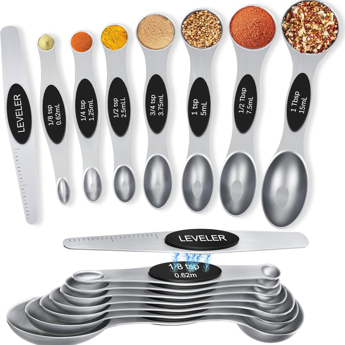 Set of 8 silver stainless steel magnetic measuring spoons with dual-sided design and leveler on white background
