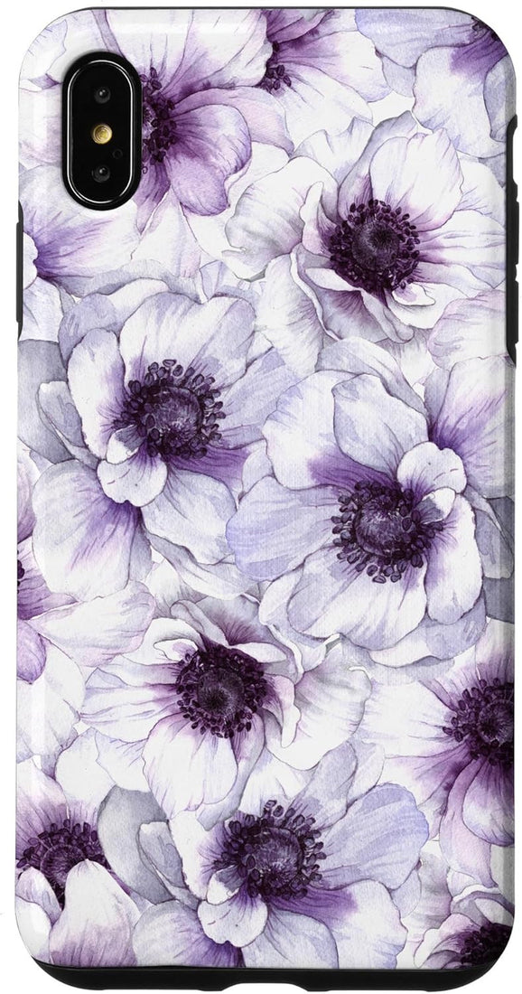 Purple anemone watercolor floral dual-layer TPU phone case for iPhone XS Max with shabby chic design