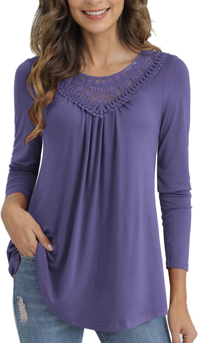 Women's purple plus size short sleeve lace pleated tunic blouse size 4XL with crew neck and flowy fit