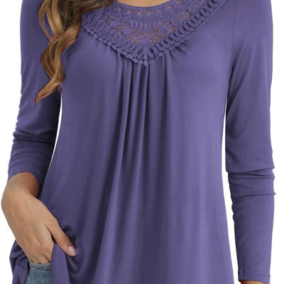 Women's purple plus size short sleeve lace pleated tunic blouse size 4XL with crew neck and flowy fit